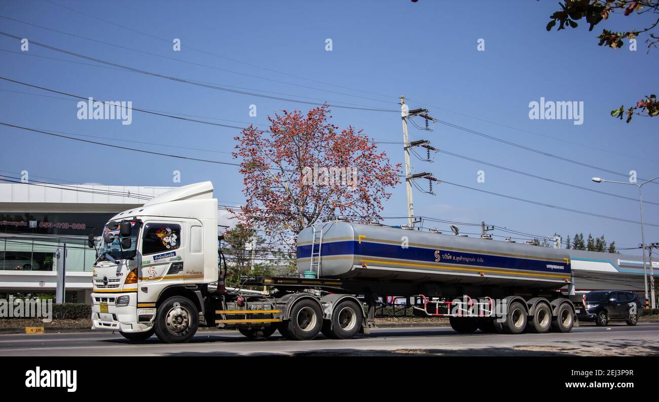 Chiangmai, Thailand - February  9 2021: Trailer Truck and Palm Oil Tank Truck of Suksamran Transport. Photo at road no 121 about 8 km from downtown Ch Stock Photo