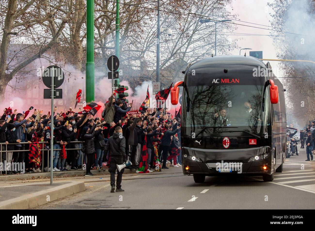 Italy. 21st Feb, 2021. Milan, the ultra Milan fans fill the square in front  of the historic south curve on the occasion of the championship derby. In  the photo arrival of the