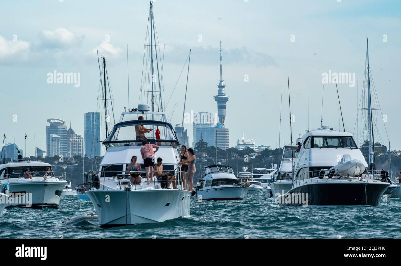 Auckland, New Zealand, 21 February, 2021 -  Spectator boats of all sizes on the Waitemata harbour to watch Italian team Luna Rossa Prada Pirelli win the Prada Cup. Credit: Rob Taggart/Alamy Live News Stock Photo
