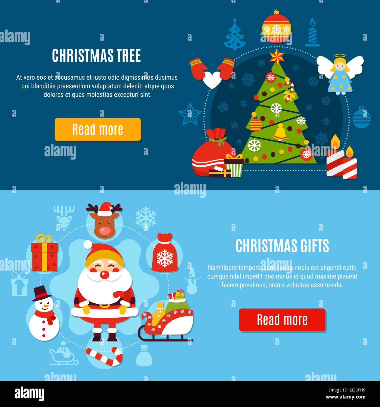 Set of horizontal flat banners with xmas tree and christmas gifts on ...