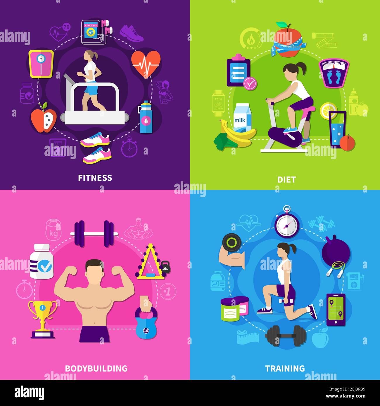 Fitness flat design concept with exercise equipment, diet food