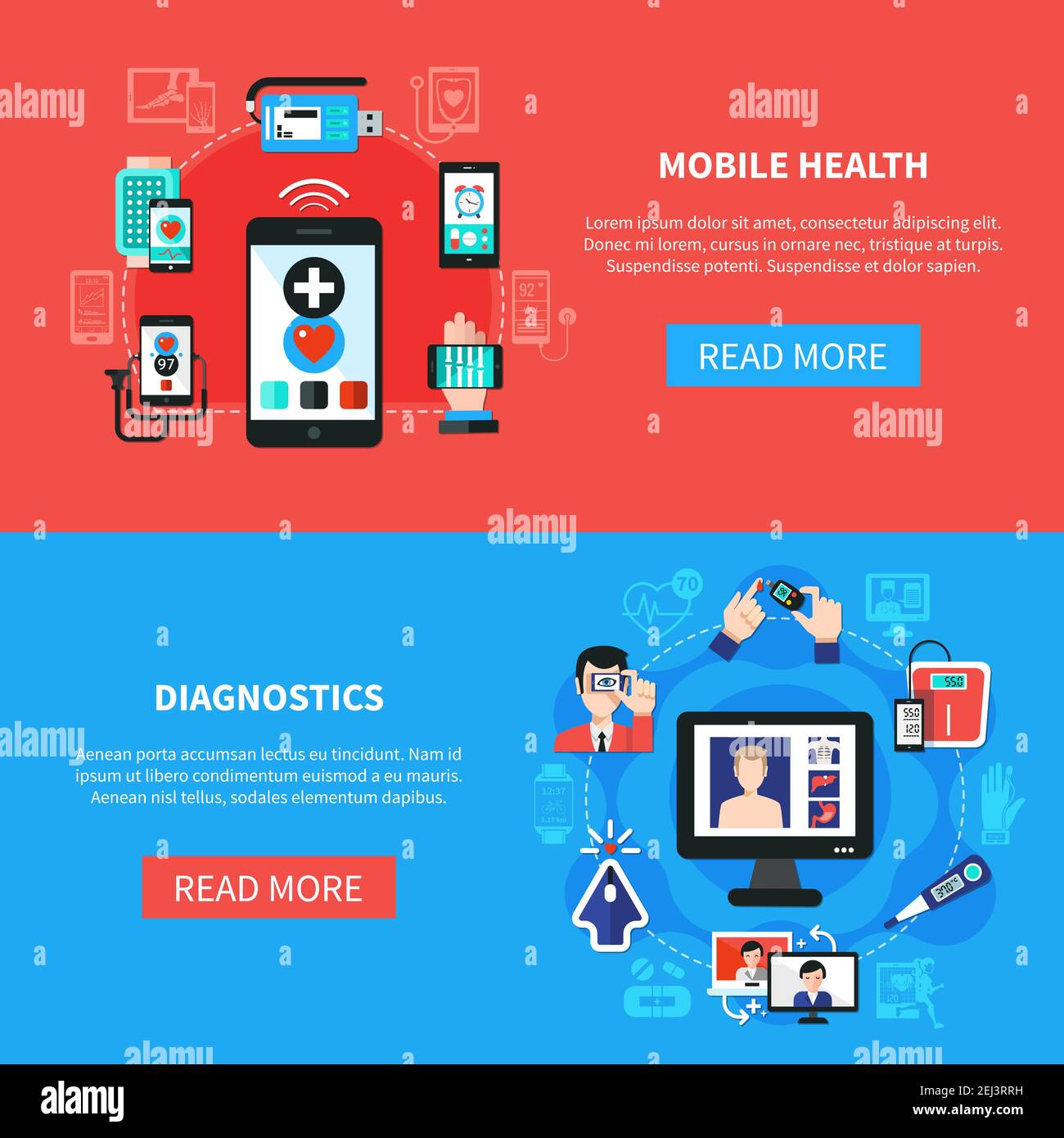 Mobile digital health software devices gadgets for measurements and diagnostics 2 horizontal flat banners isolated vector illustration Stock Vector
