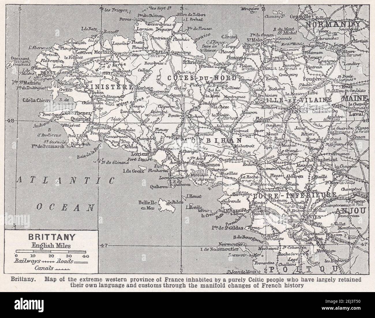 Vintage map of Brittany showing extreme western province of France inhabited by a purely Celtic people 1900s. Stock Photo