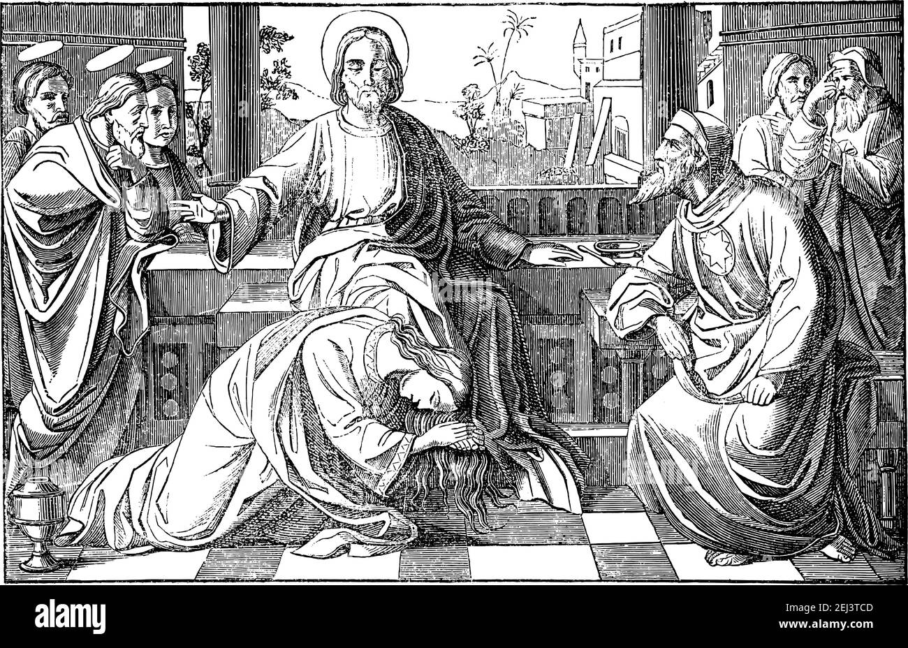 Mary of Bethany, the sinful woman is kissing and washing feet of Jesus in House of Simon. Vintage antique drawing. Bible, New Testament, Luke 7. Stock Vector
