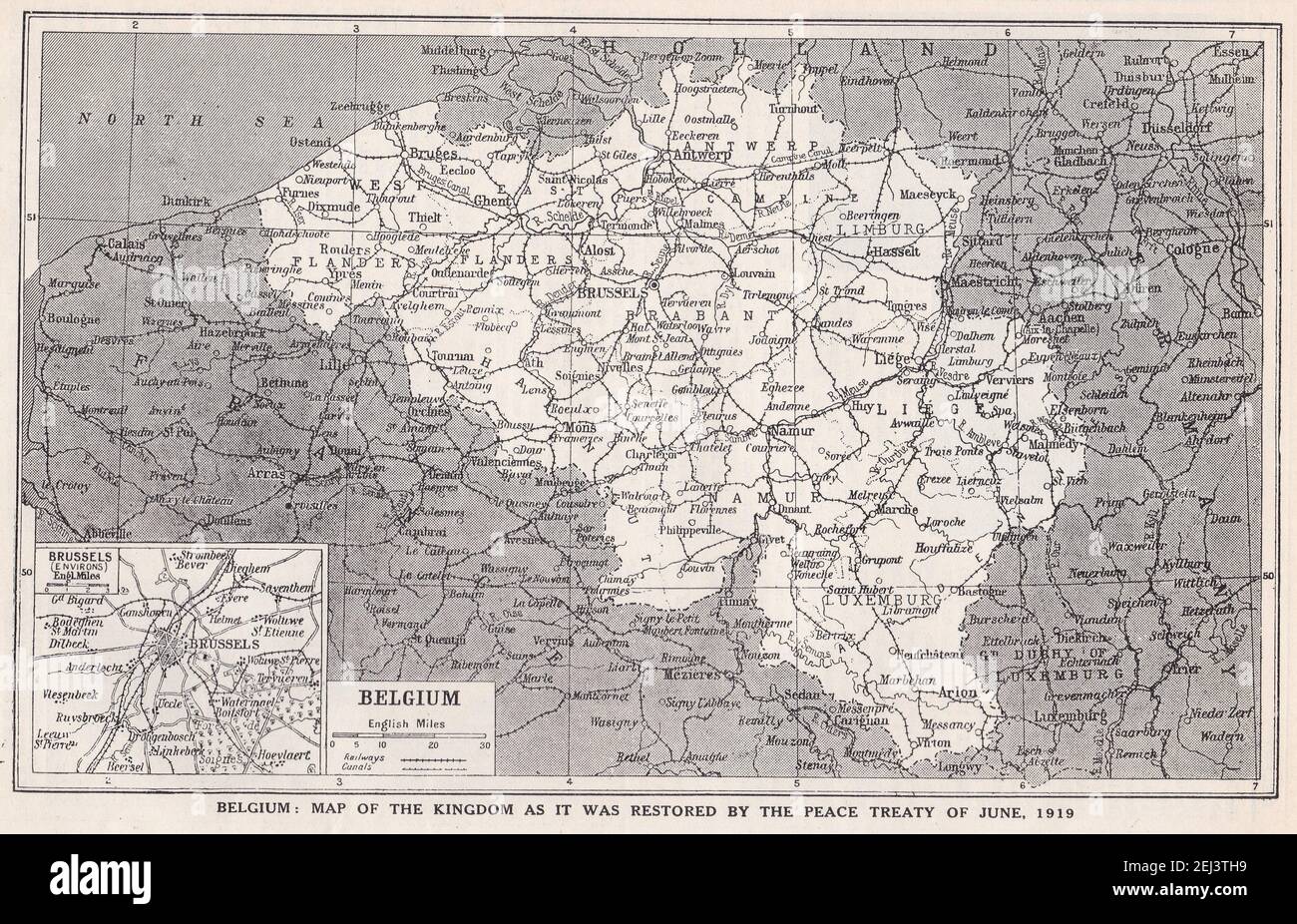 Vintage map of Belgium - Map of the Kingdom as it was restored by the Peace Treaty of June, 1919. Stock Photo