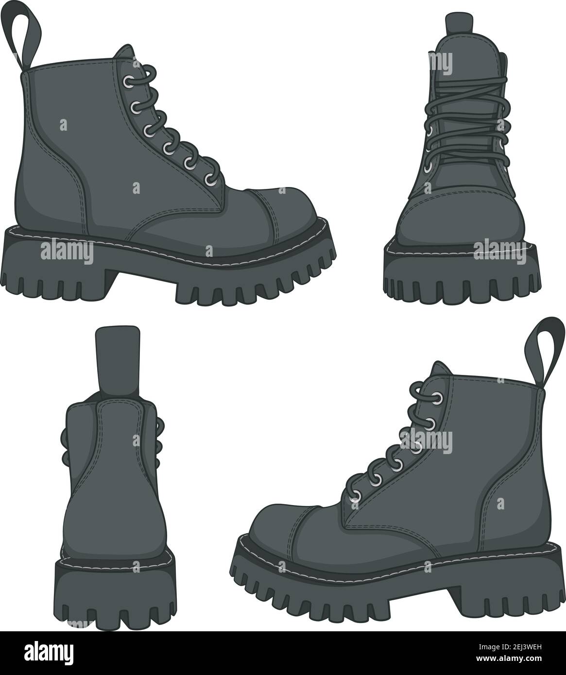 Vector set of drawings with black boots. Isolated objects on a white background. Stock Vector