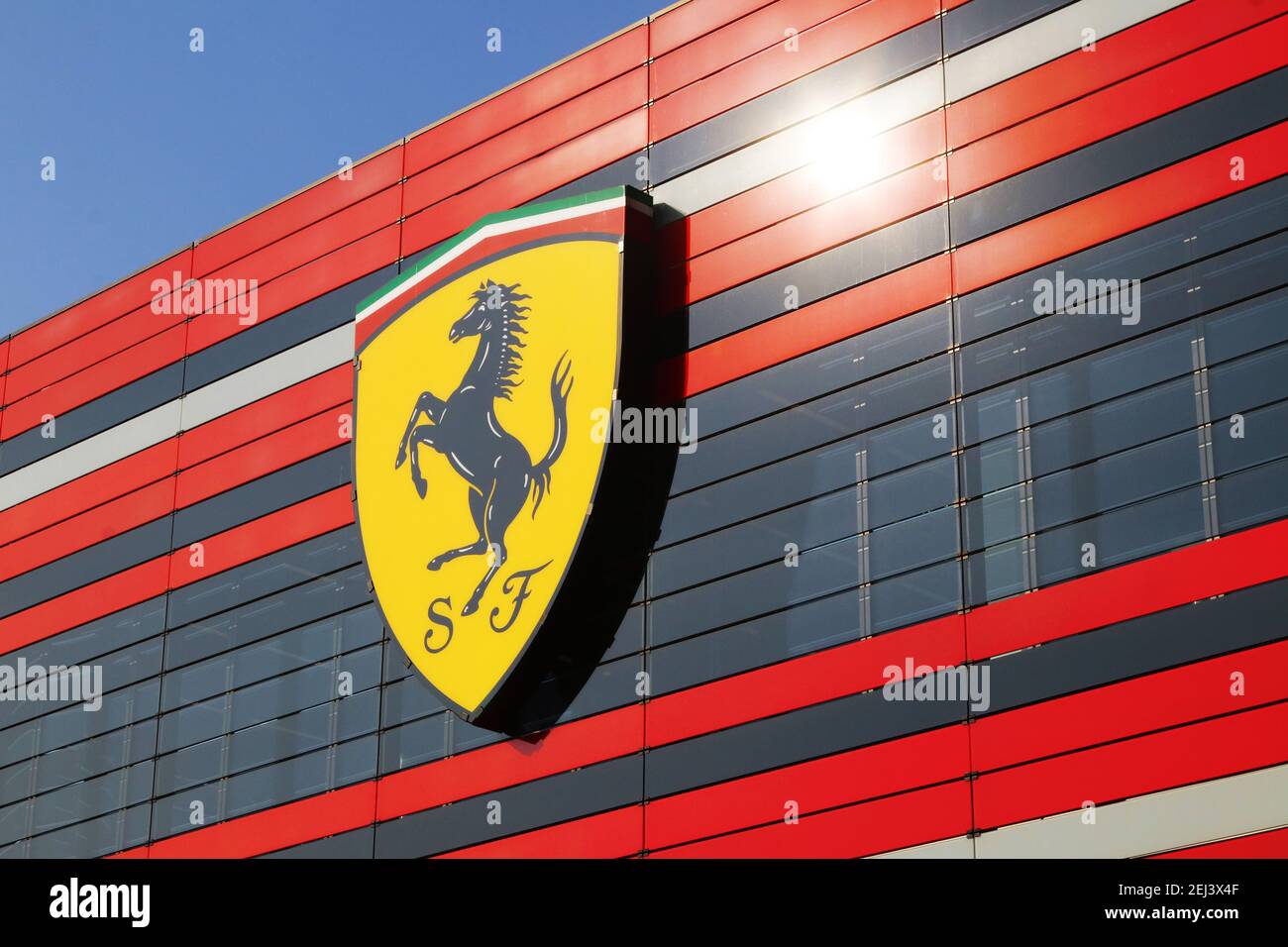 Maranello Modena Italy February 2021 Entrance Of The Modern Ferrari Automobiles Factory With The Scuderia Ferrari F1 Logo In The Foregroun Stock Photo Alamy