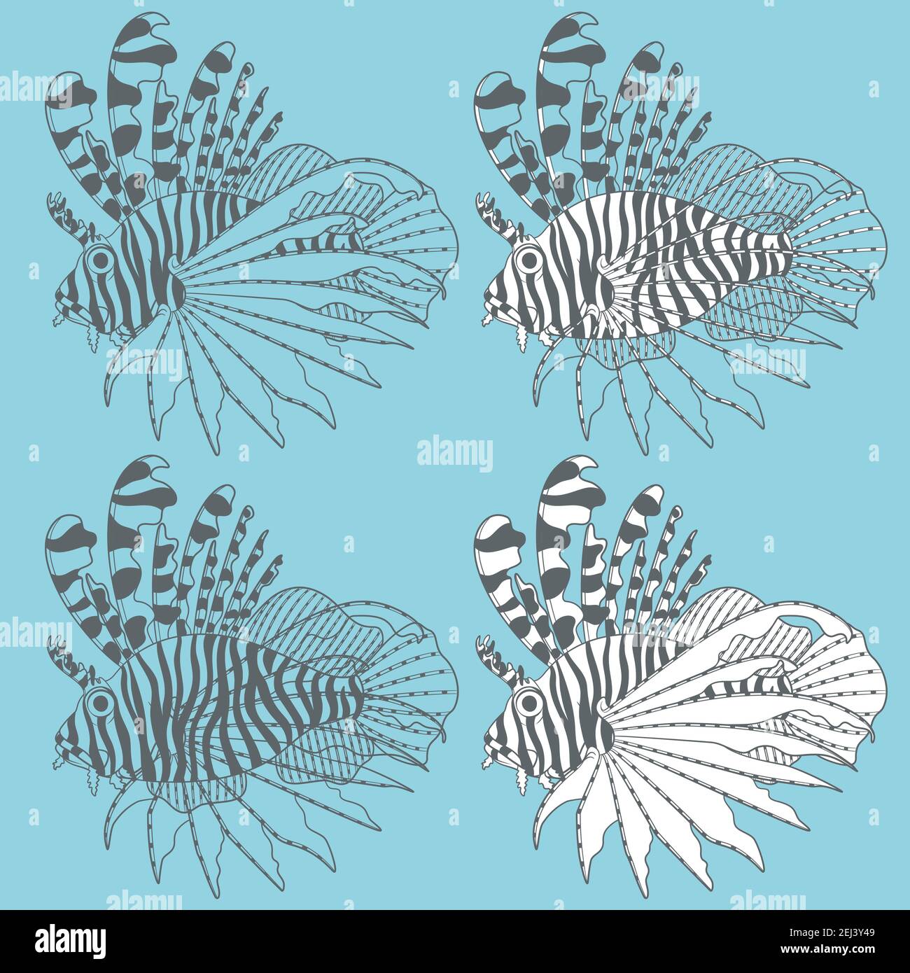 Vector set of illustrations with lionfish. Isolated objects. Stock Vector