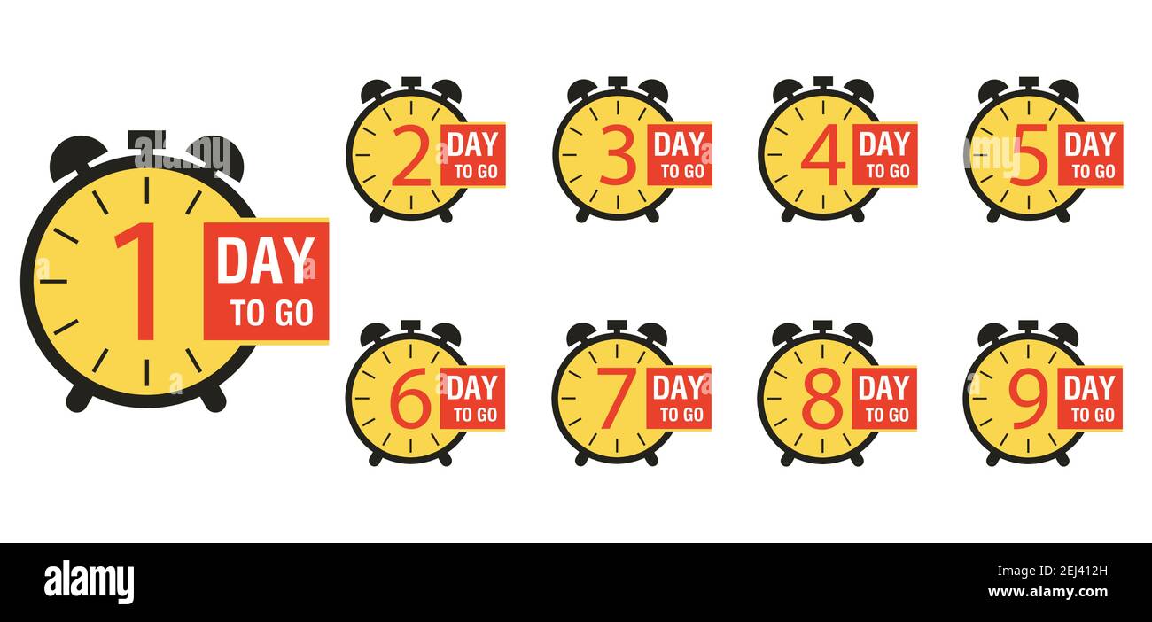Number 1, 2, 3, 4, 5, 6, 7, 8, 9 of days left to go. Collection badges sale, landing page, banner. Vector illustration. Stock Vector