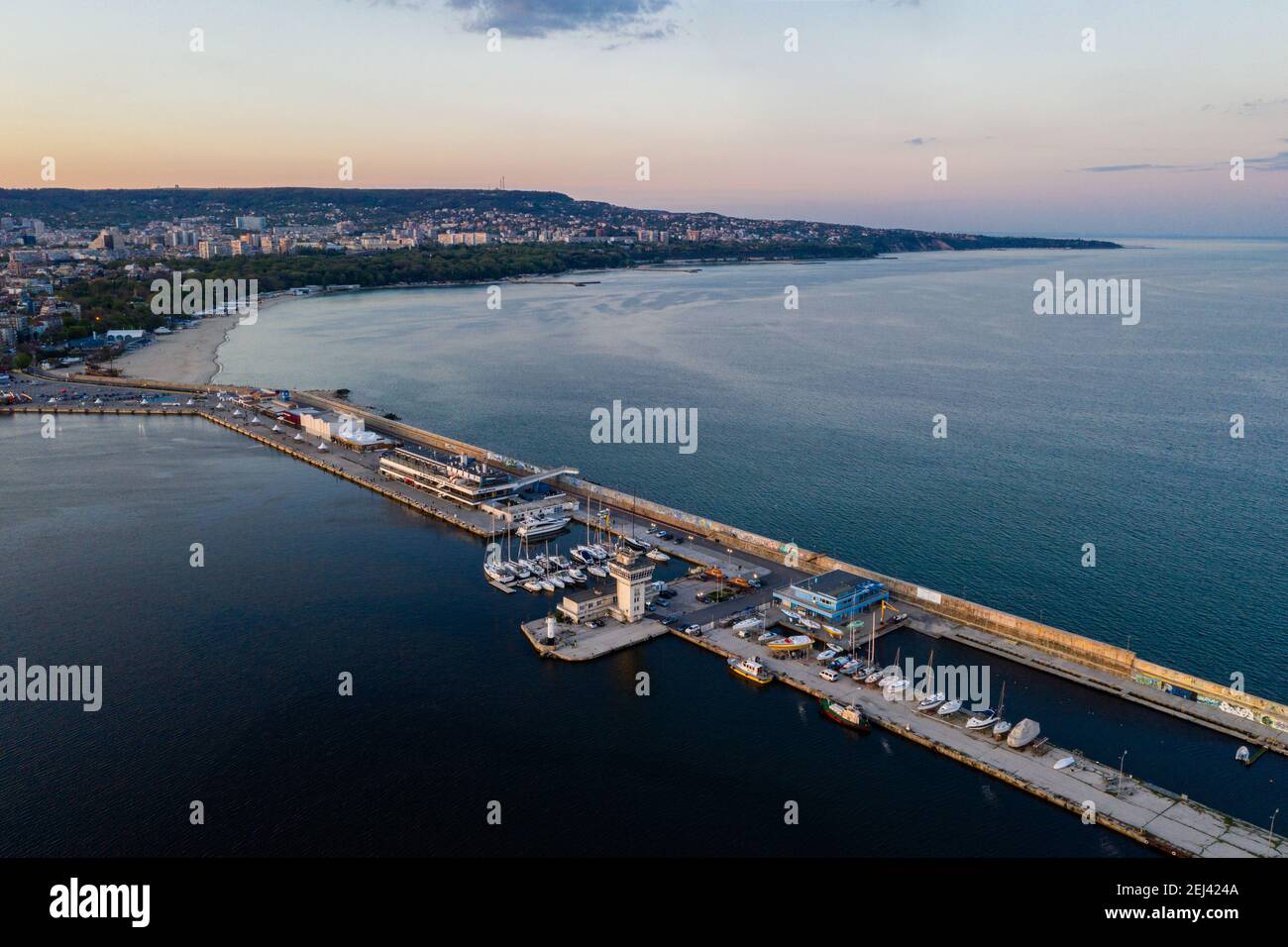 Sunset aerial view of a breakwater in the port of Varna in Bulgaria Stock Photo