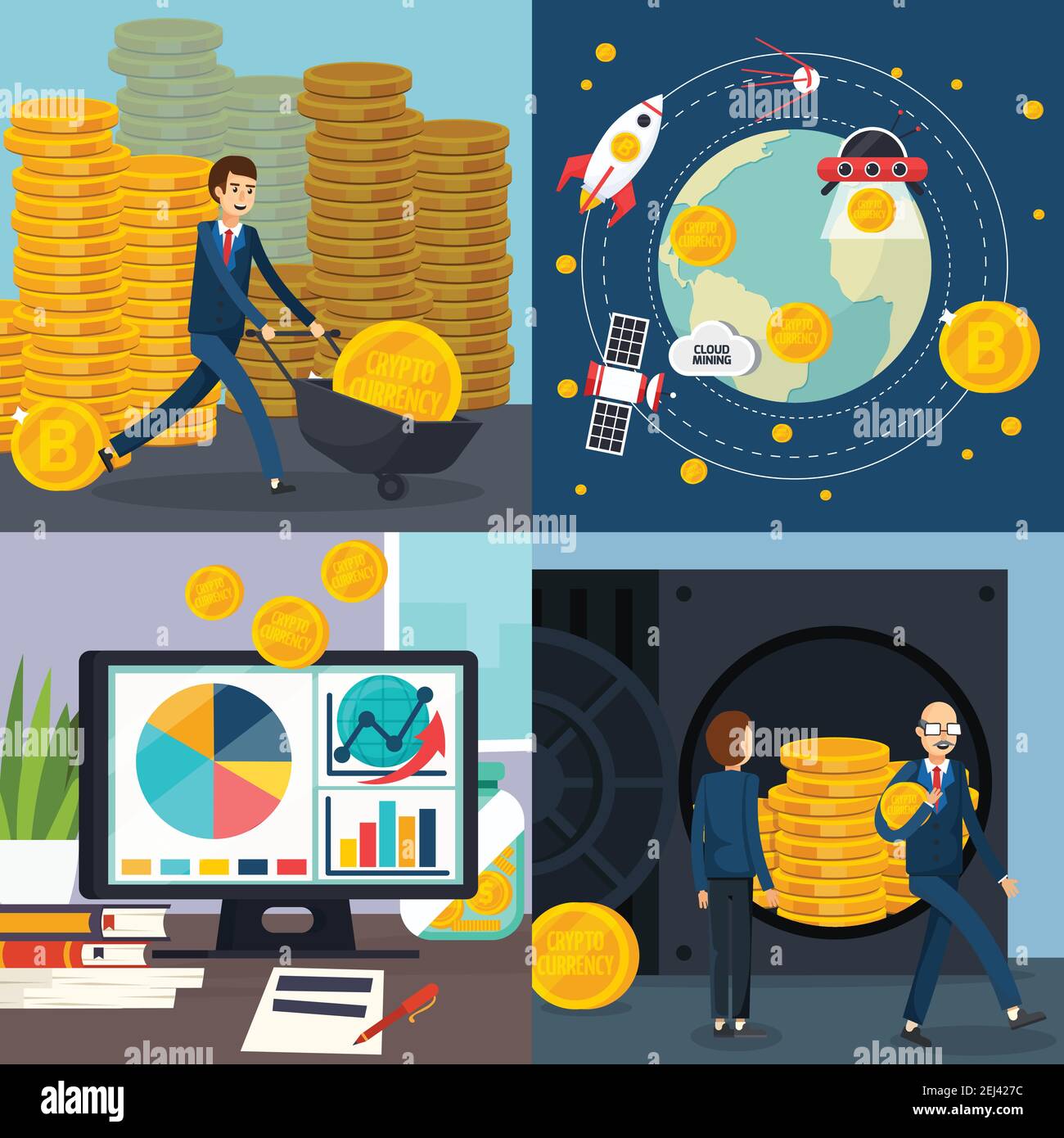 Ico blockchain concept orthogonal compositions with marketing research, investment in cryptocurrency, global startup, profit isolated vector illustrat Stock Vector