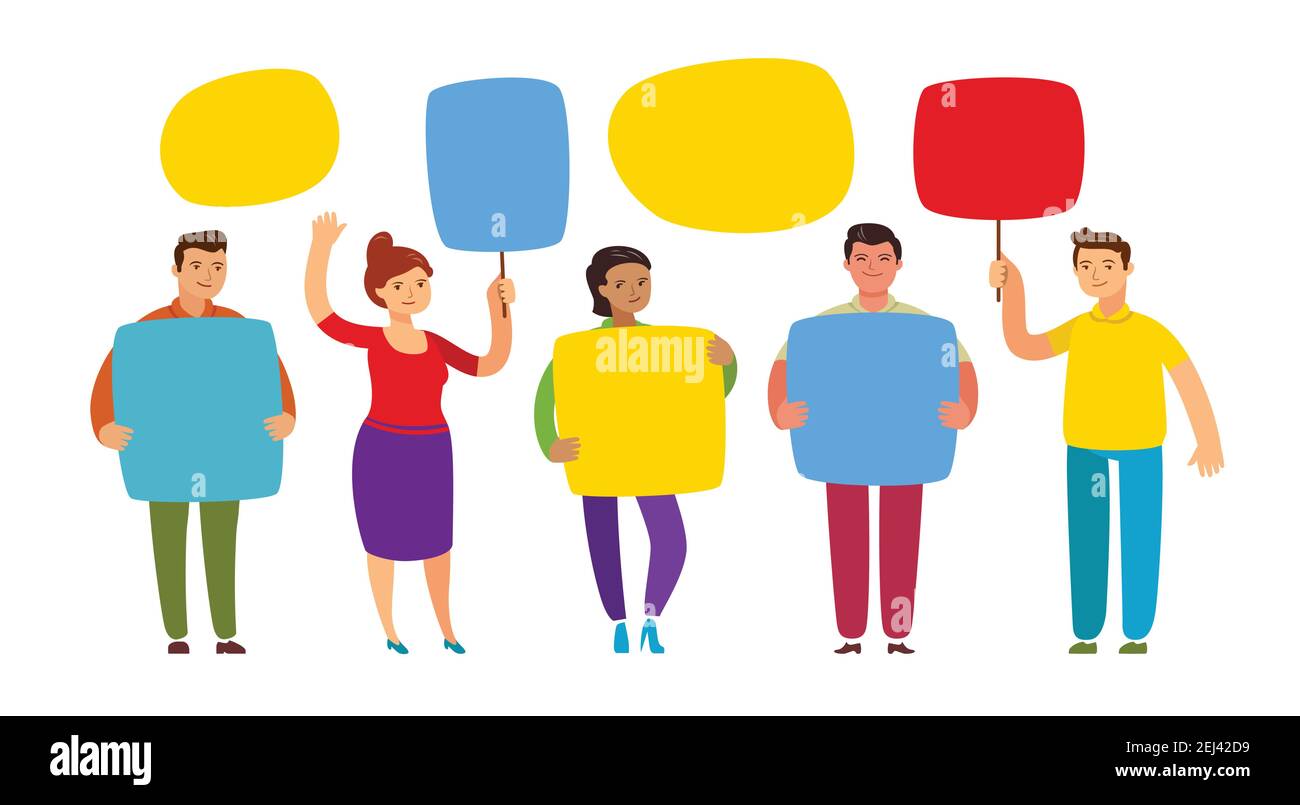 People holding placards. Collaboration and teamwork concept Stock Vector