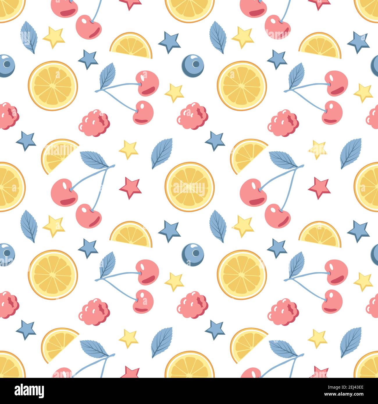 Cute spring or summer seamless pattern with cherries and lemons Stock Vector
