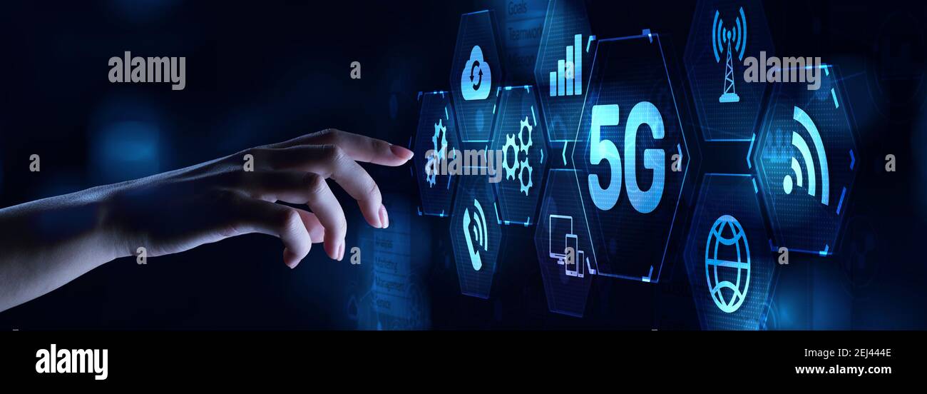 5G New generation high speed wireless mobile internet connection concept. Stock Photo
