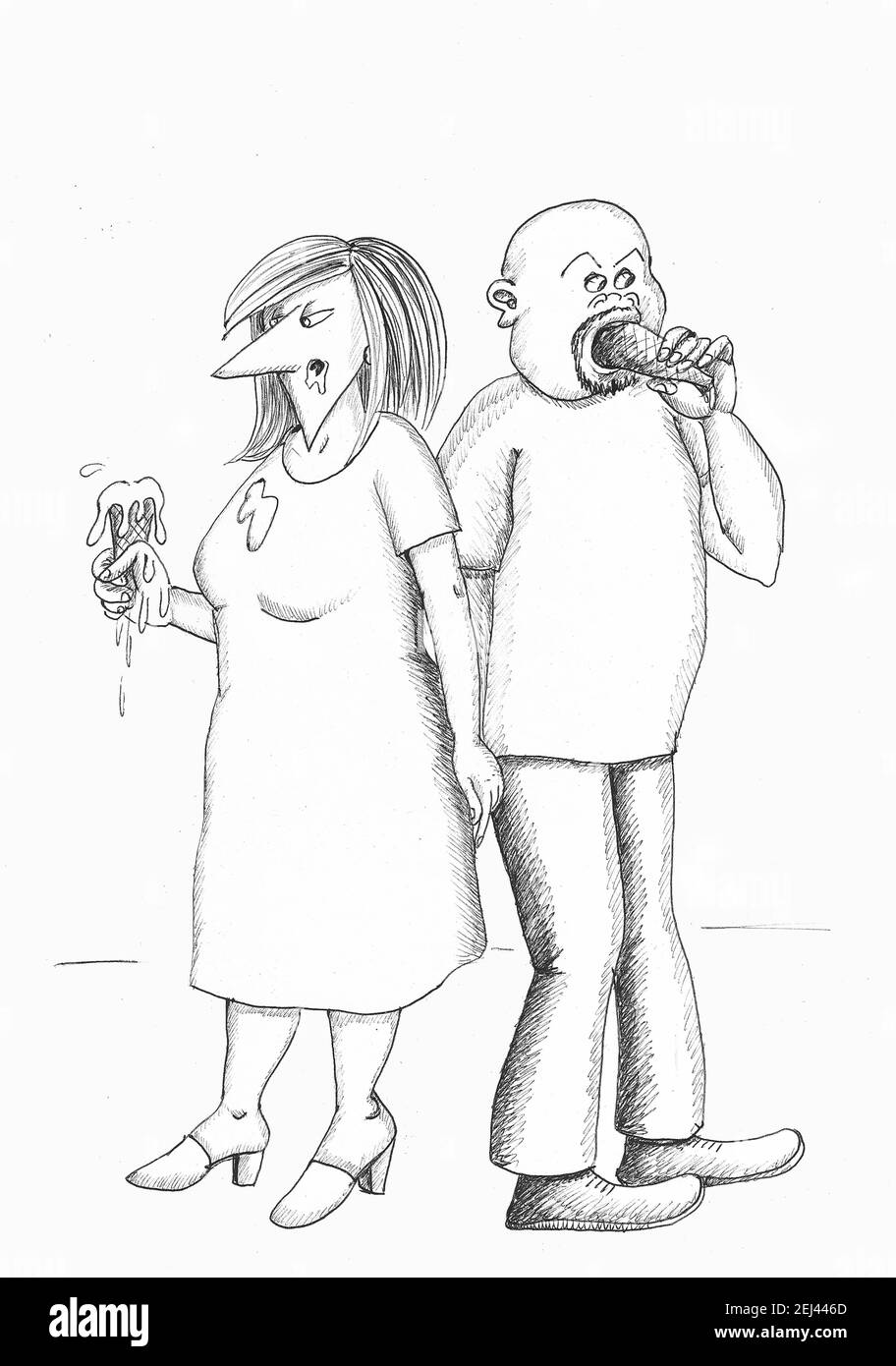 Mature couple eating ice creams. Illustration. Stock Photo