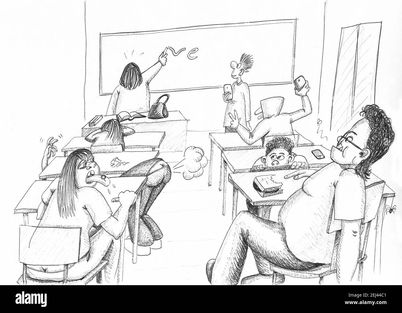 Students at school, behaving badly. Illustration. Stock Photo