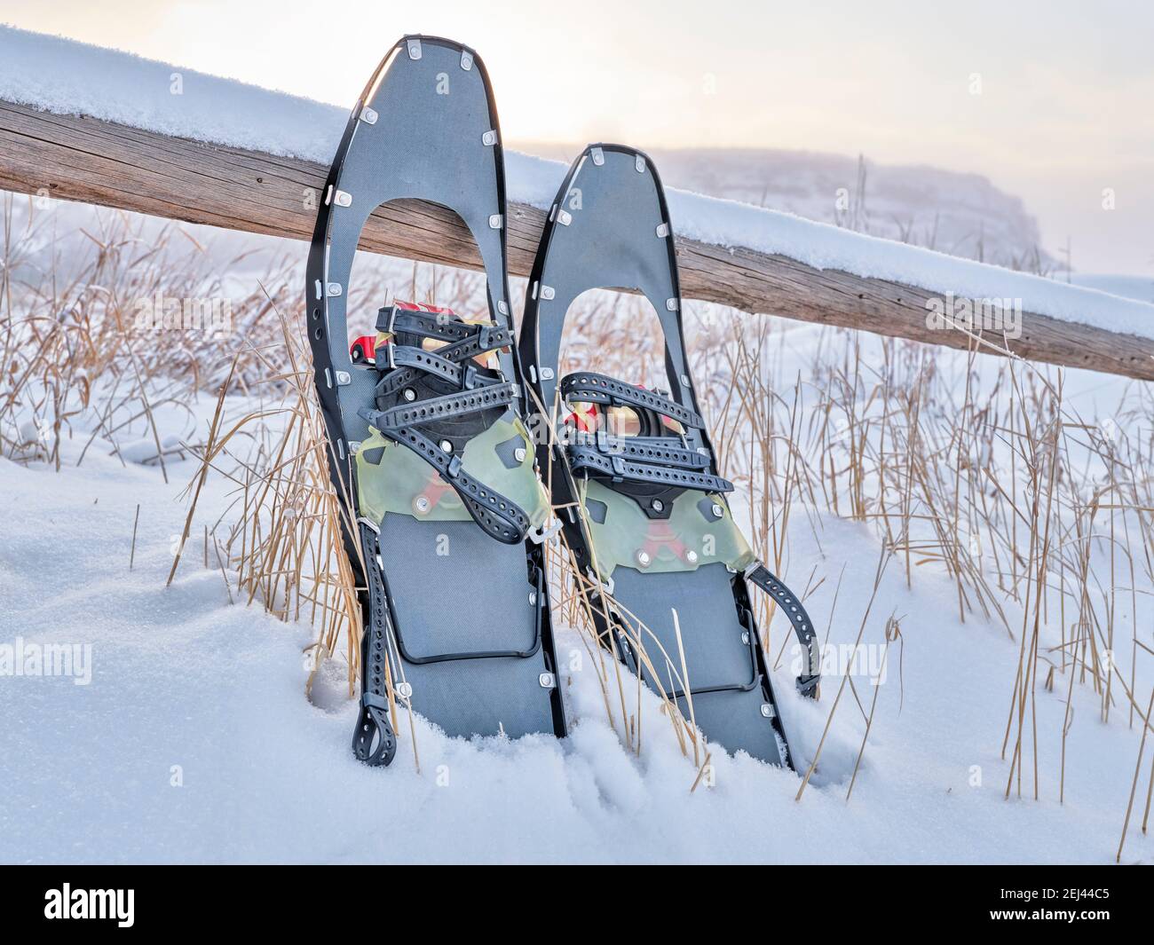 modern metal snowshoes for rolling terrain in winter scenery at foothills of Rocky Mountains in