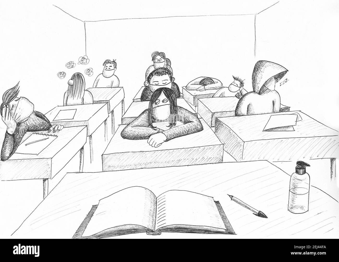 Bored students at school. Illustration. Stock Photo
