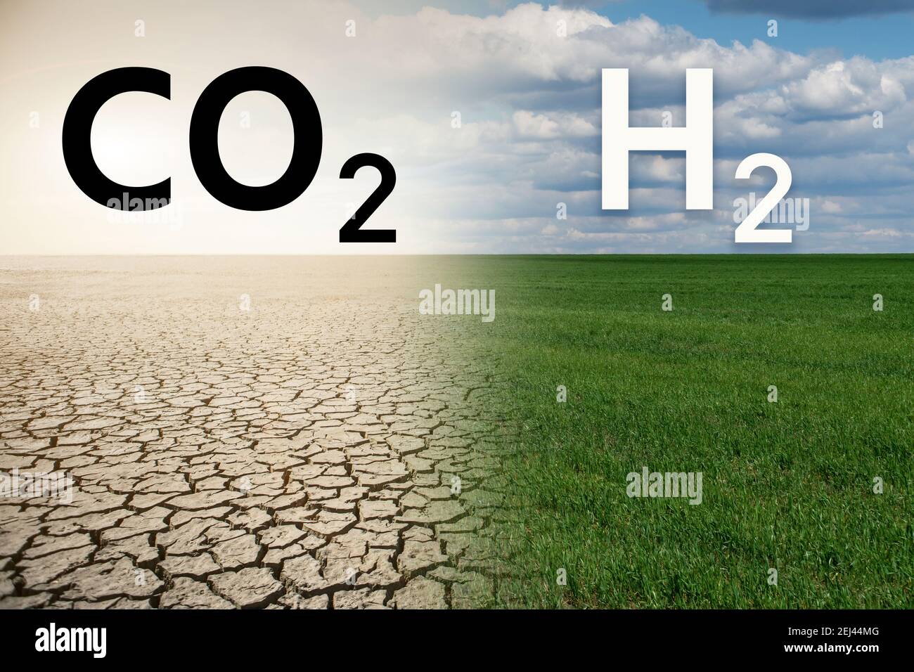 Landscape with half green field and half desert and symbols of CO2 and H2. Decarbonisation concept Stock Photo