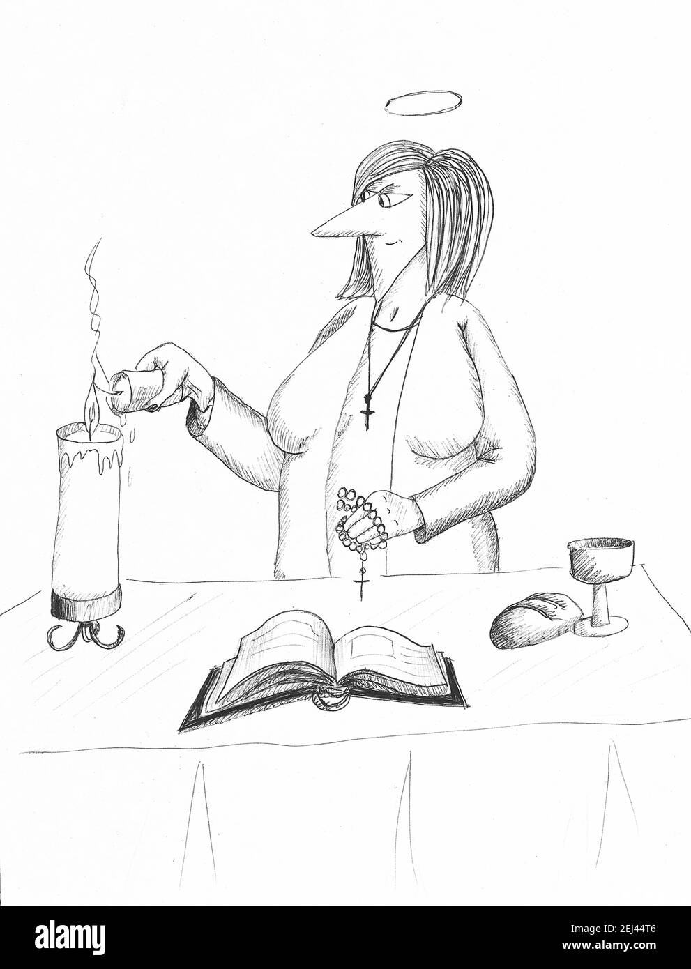Sanctimonious woman preparing the altar for mass. Illustration. Stock Photo