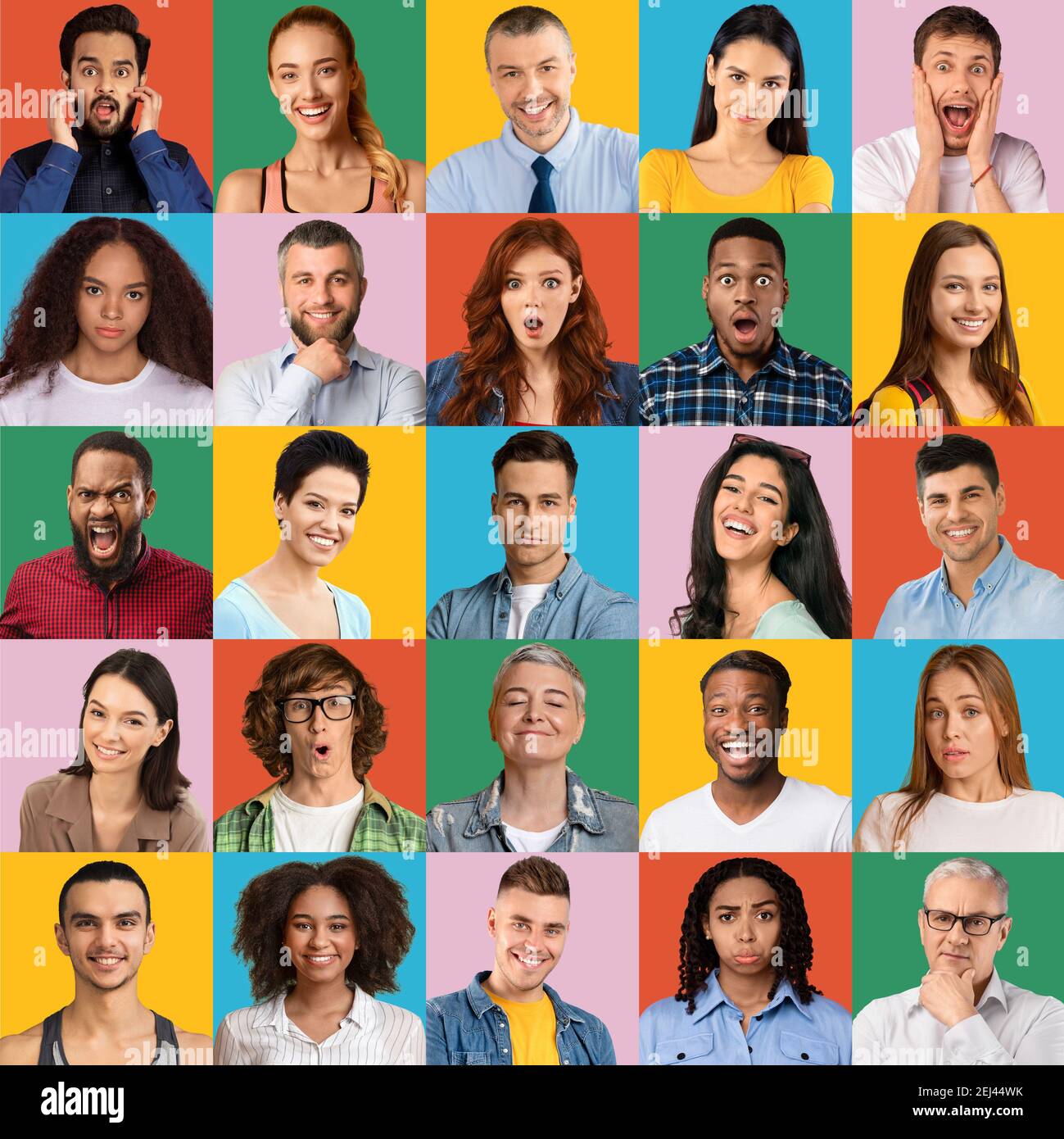 Collage of diverse people expressing different emotions, mosaic set