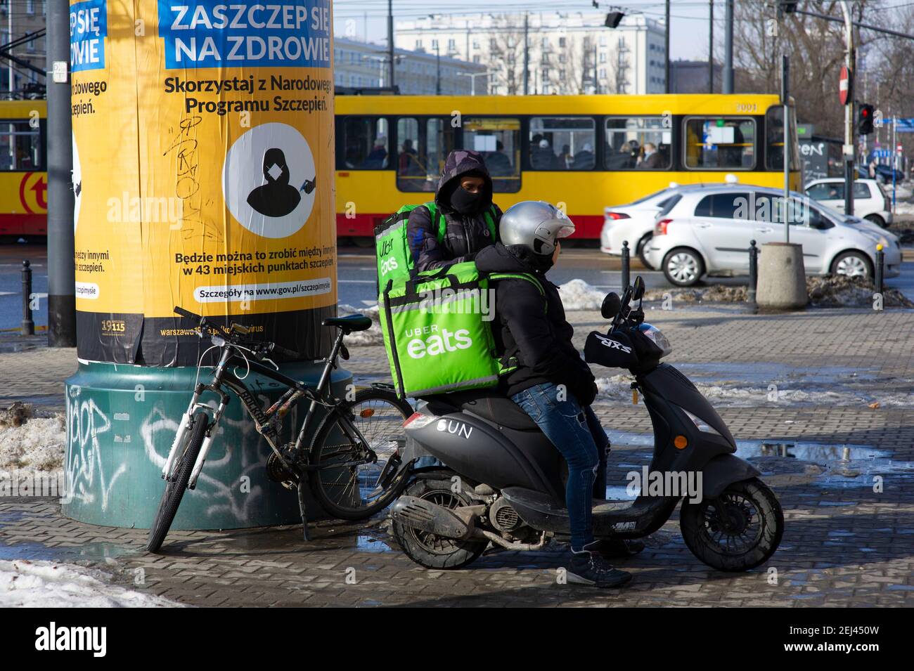 Warsaw, Warsaw, Poland. 21st Feb, 2021. Uber Eats delivery men are