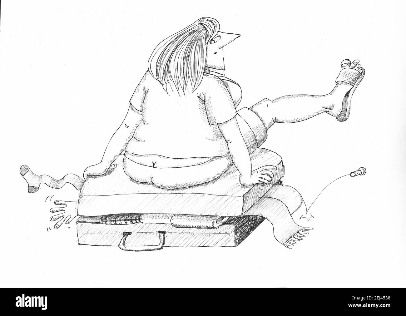 Fat woman packing her suitcase. Illustration. Stock Photo