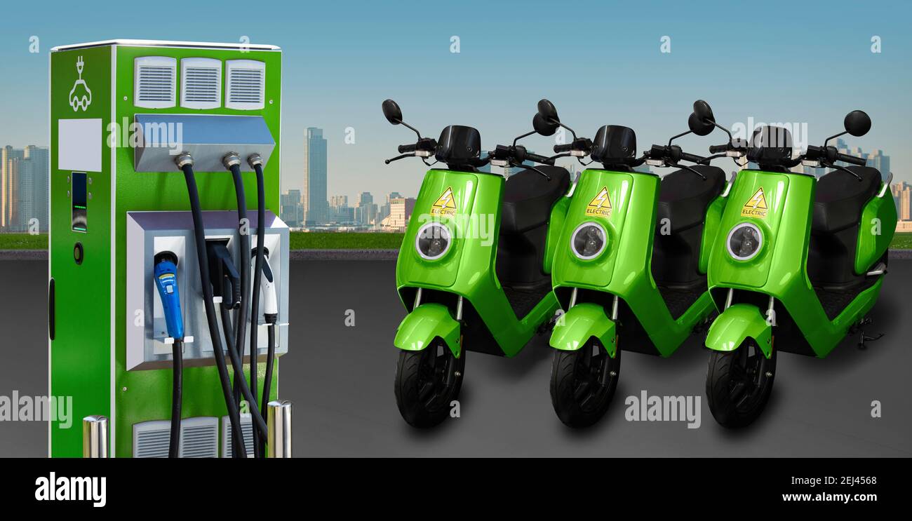Electric scooters for sharing with charging station. Concept Stock Photo Alamy