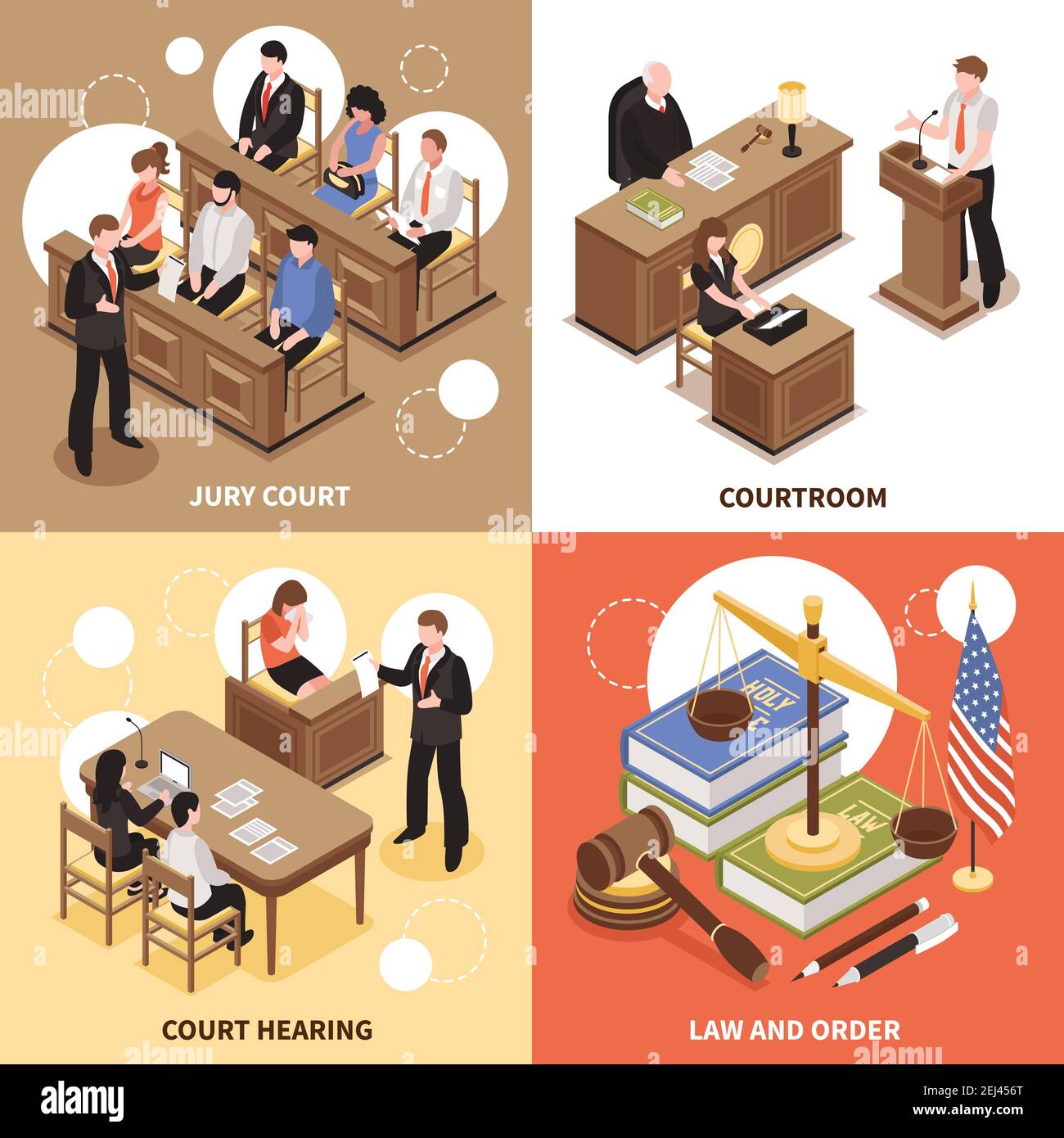 Law and order 2x2 isometric design concept with jury court courtroom