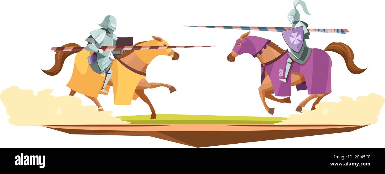 Medieval knits tournament cartoon composition with 2 horsemen in suits