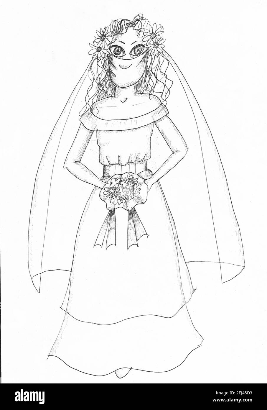 Bride wearing mask. Illustration. Stock Photo