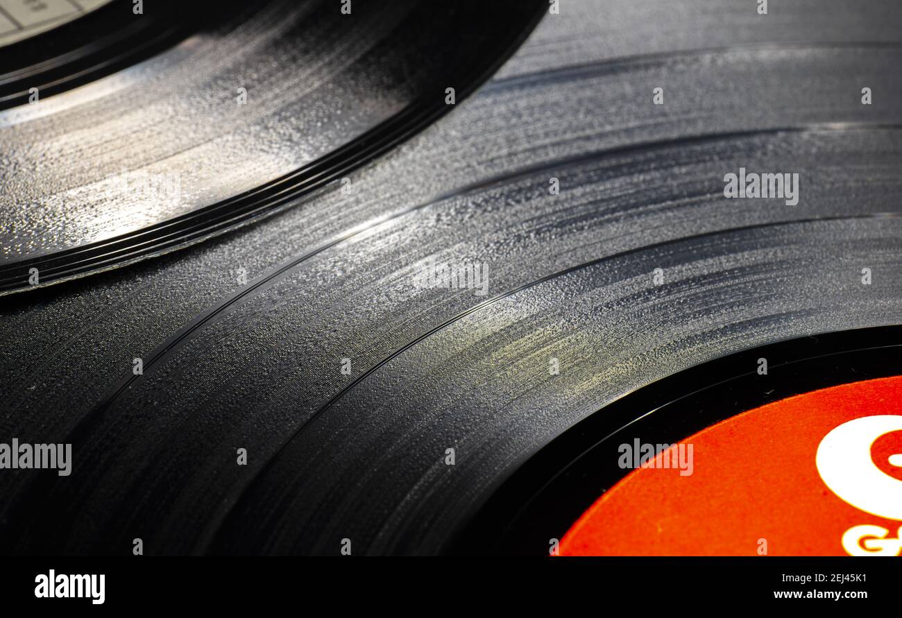 A top view closeup of a classic vinyl record, old black color on a ...