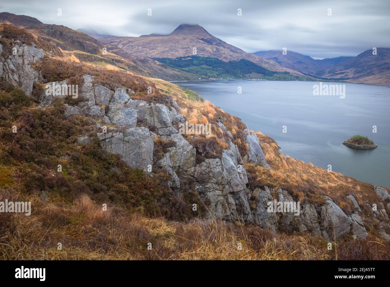 View over Loch Nevis from the remote, rugged Scottish Highlands landscape of Knoydart peninsula, west coast of Scotland. Stock Photo