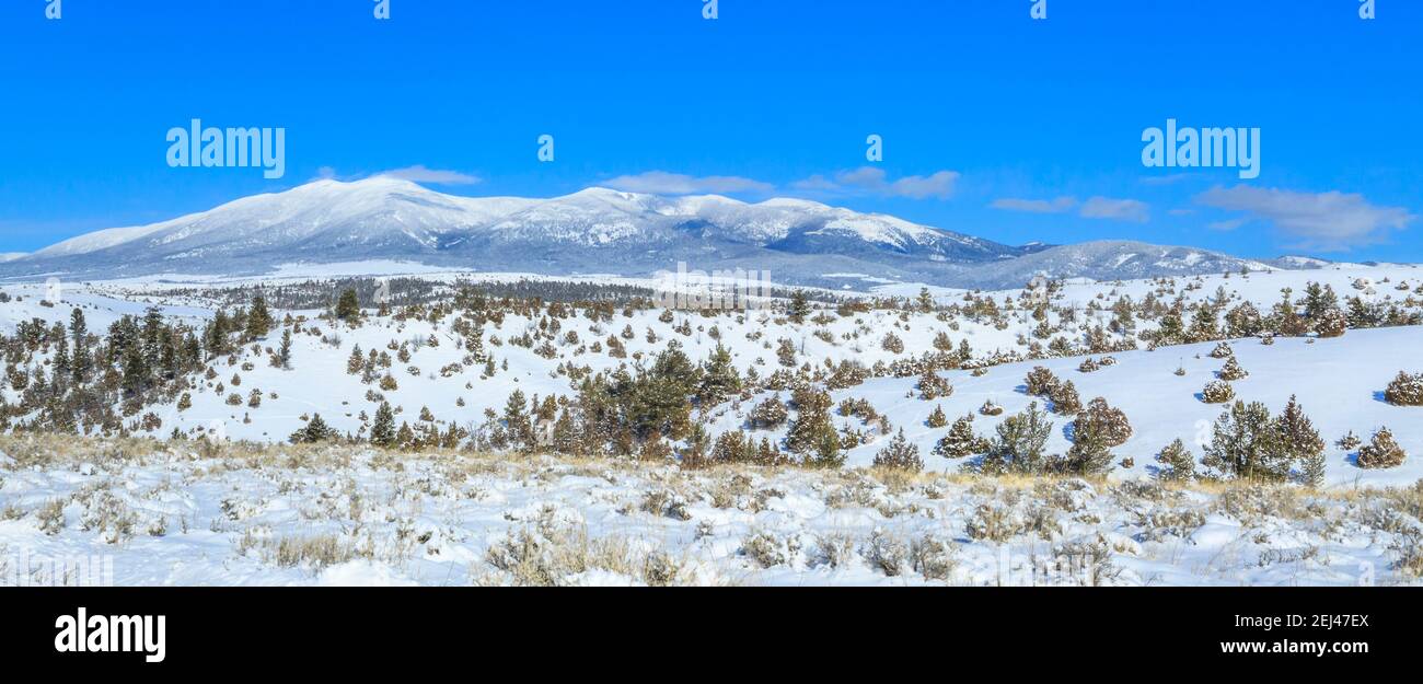 panorama of the big belt mountains in winter near townsend, montana