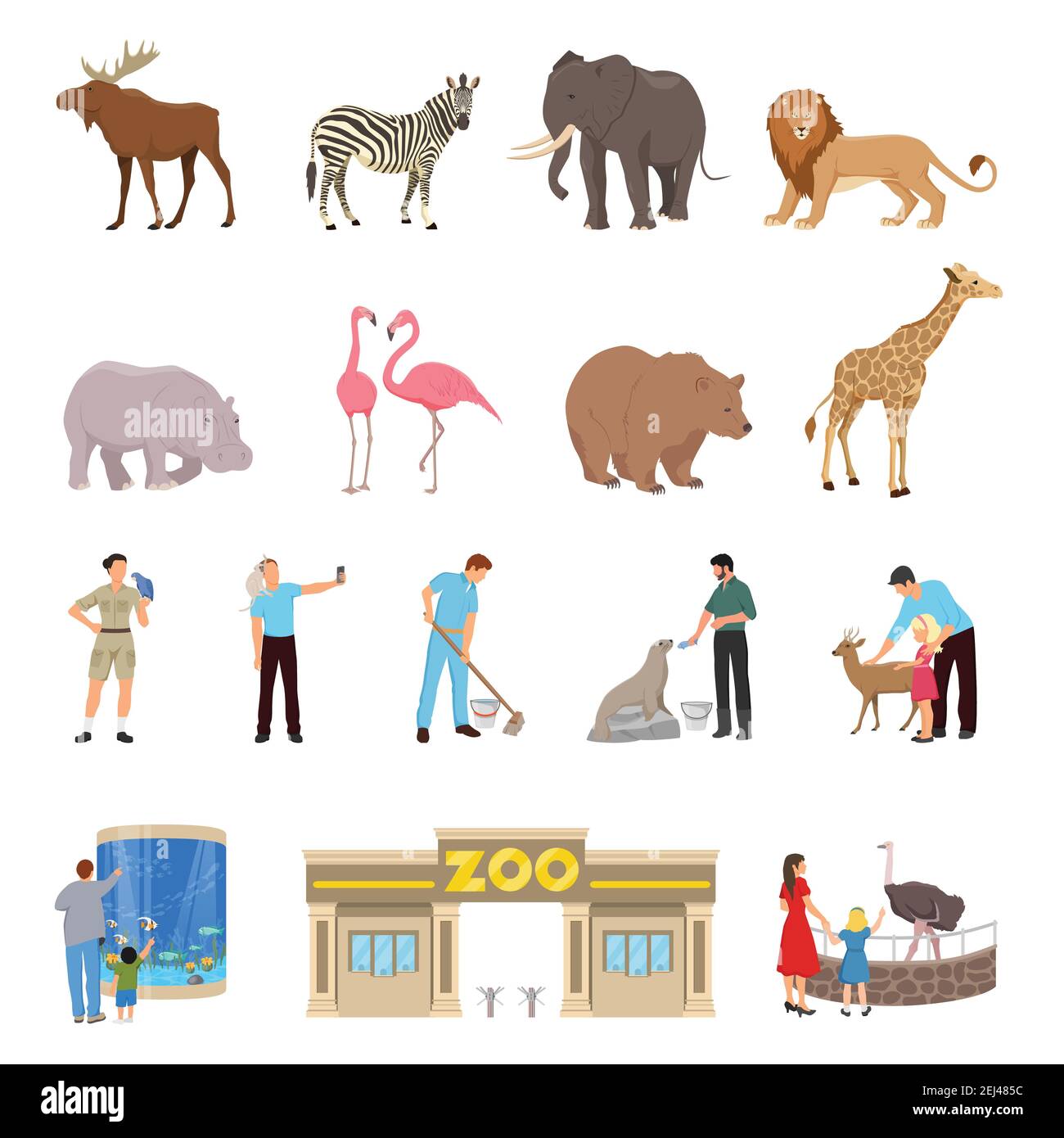 Zoo flat icons set of lion elephant giraffe deer zebra hippopotamus walrus flamingos goat ostrich isolated vector illustration Stock Vector