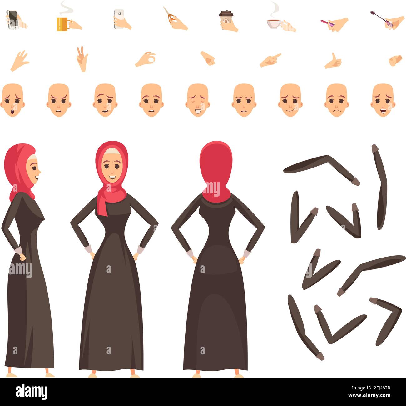 Arab woman in traditional moslim long black robe and red headscarf with ...