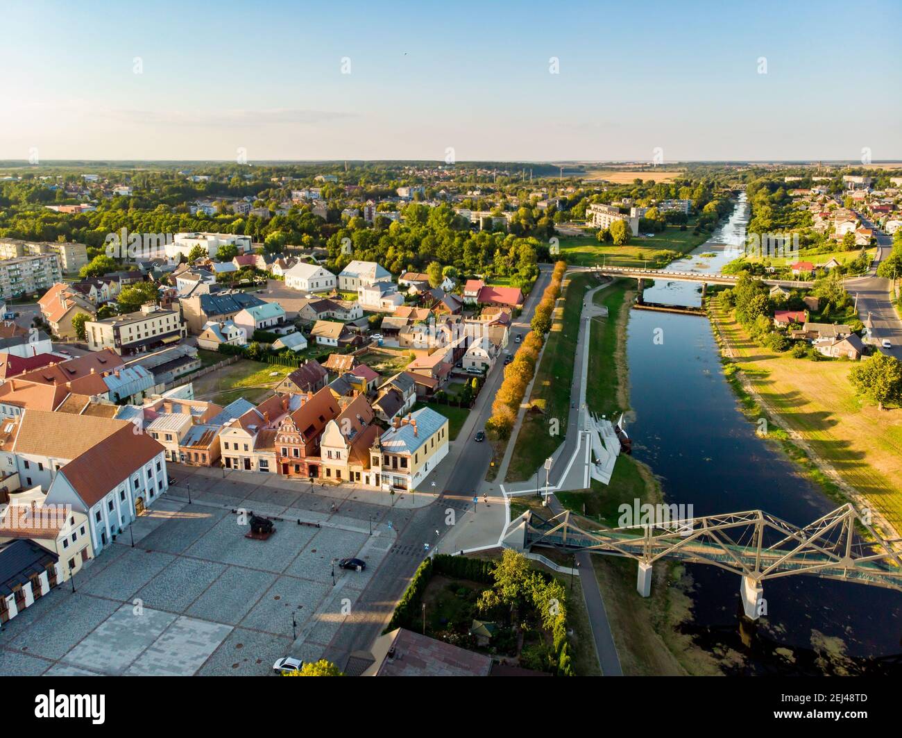 Beautiful aerial view of the market square of Kedainiai, one of the oldest cities in Lithuania. Unique colorful Stikliu houses in golden sunset light. Stock Photo