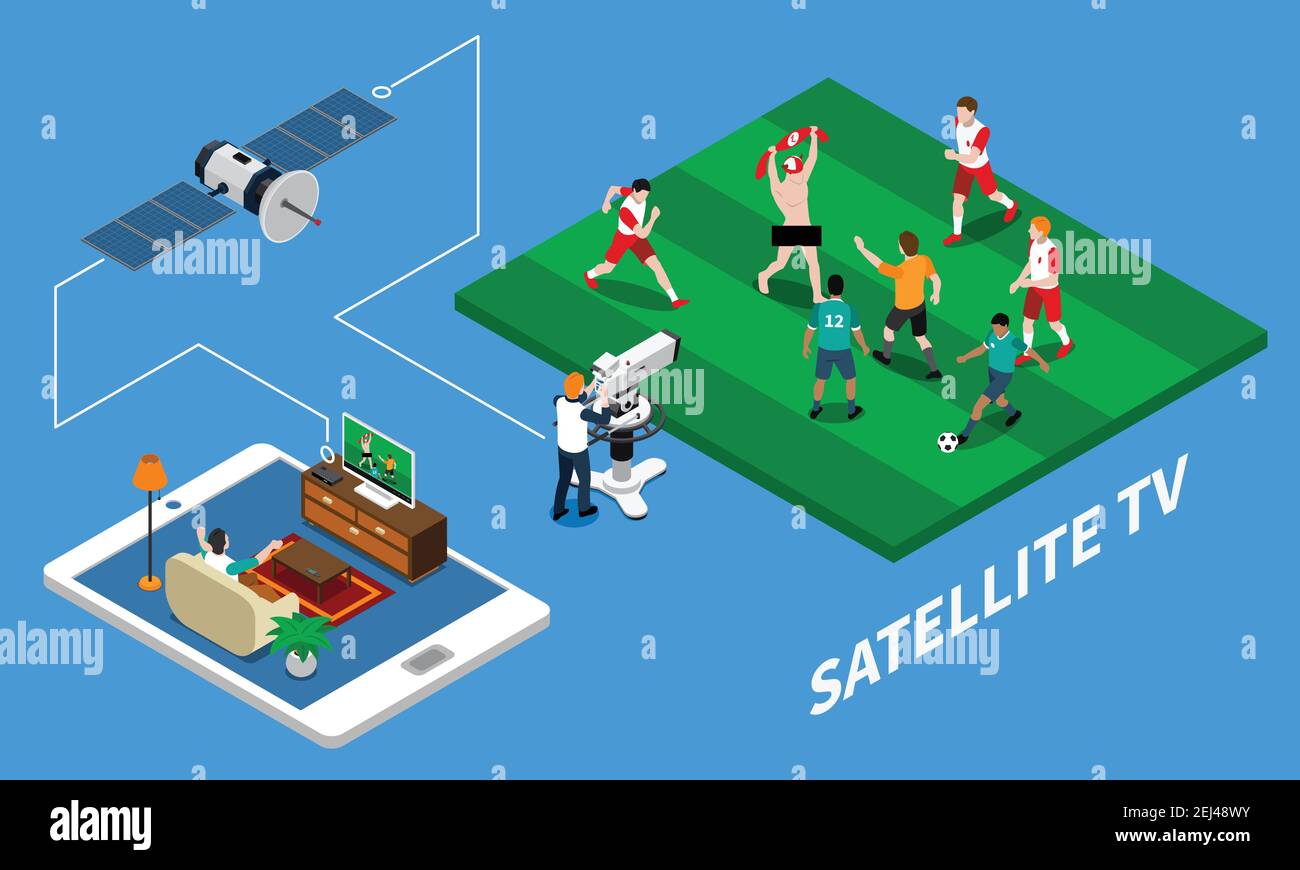 Telecommunication satellite tv isometric composition with live streaming of football  match on blue background 3d vector illustration Stock Vector Image & Art -  Alamy