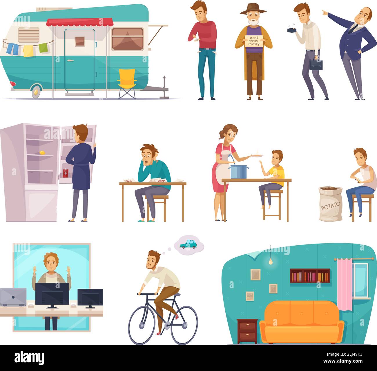 Social classes decorative icons set with rich  poor needy pauper people in home interior and outdoor isolated vector illustration Stock Vector