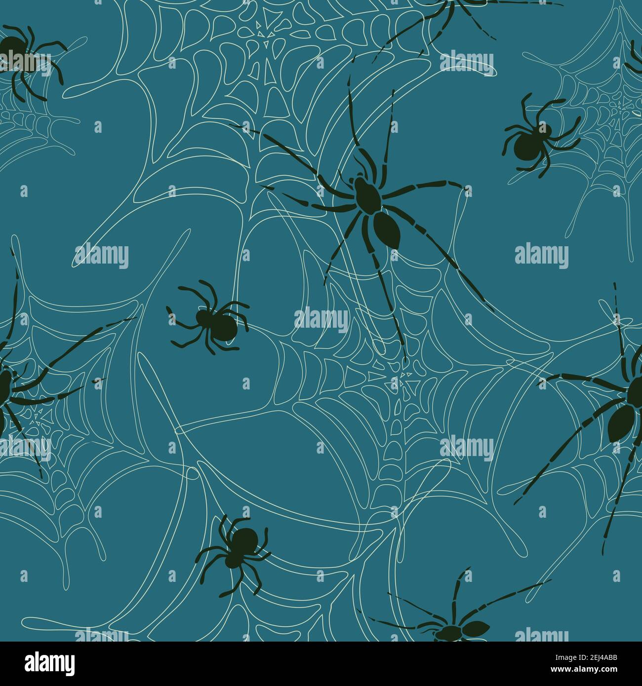 Seamless vector pattern with spiders and spider web on blue background. Scary insect wallpaper design. Animal bug fashion textile. Stock Vector