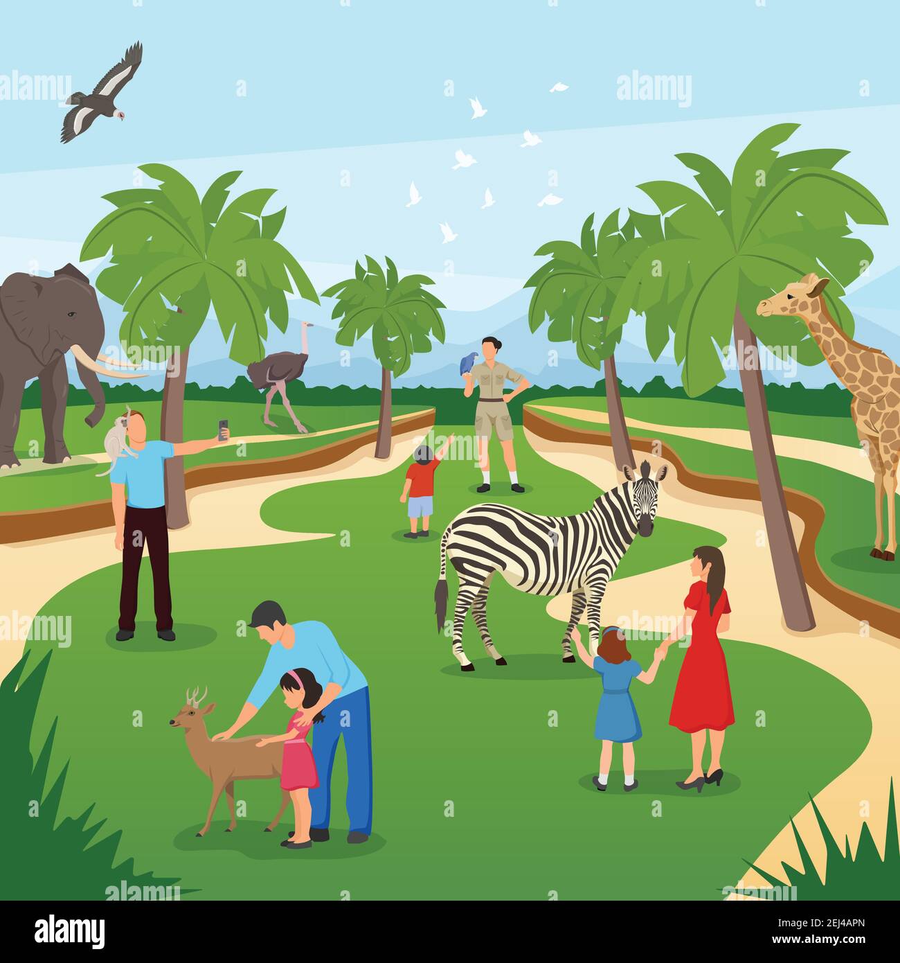 Zoo cartoon background with tropical animals and people visiting and  photographing flat vector illustration Stock Vector Image & Art - Alamy