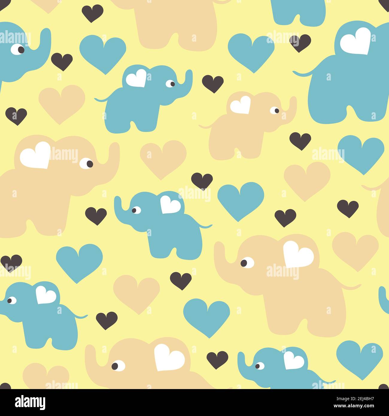 Seamless vector pattern with cute elephants and heart on light yellow ...
