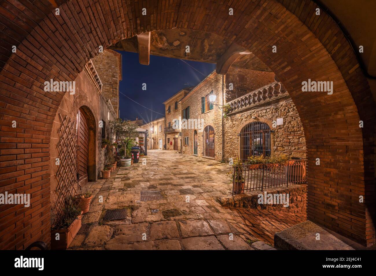 Casale Marittimo old village in Maremma. Picturesque central square, night view. Tuscany, Italy Europe. Stock Photo