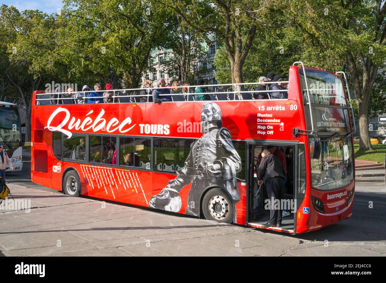 A Quebec tours double deck open top tour bus or busrouge, Québec City, Canada Stock Photo