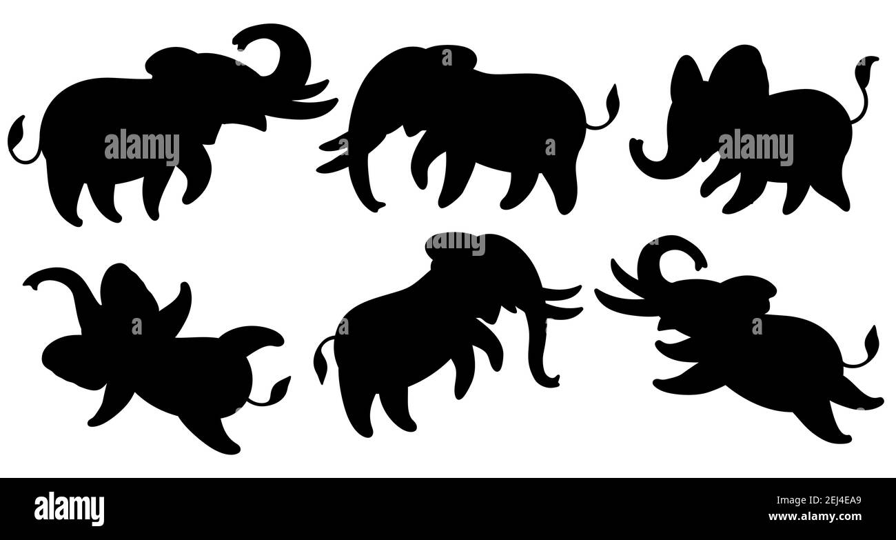 Set of black silhouettes of elephants. Cute cartoon elephants in different poses. Vector illustration isolated on white background. Stock Vector