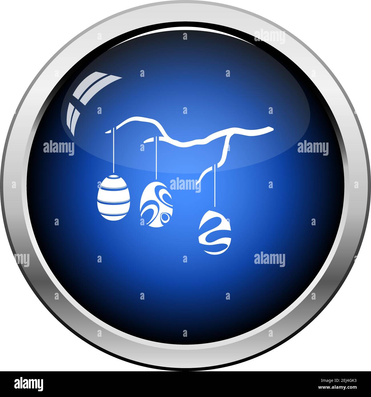 Easter Eggs Hanged On Tree Branch Icon. Glossy Button Design. Vector Illustration. Stock Vector