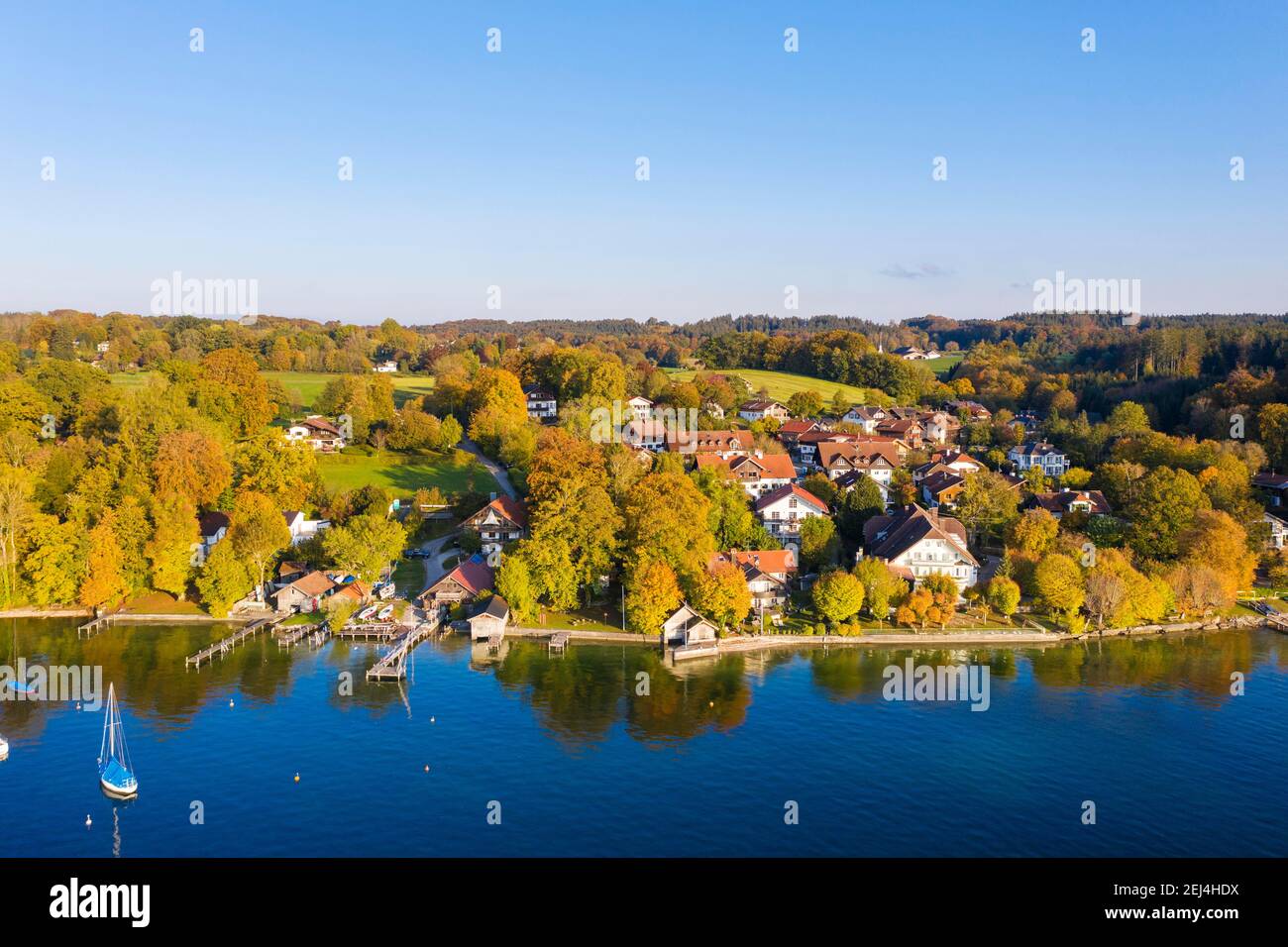 Village Ammerland, east shore Starnberger See, near Muensing, Fuenfseenland, aerial view, Upper Bavaria, Bavaria, Germany Stock Photo