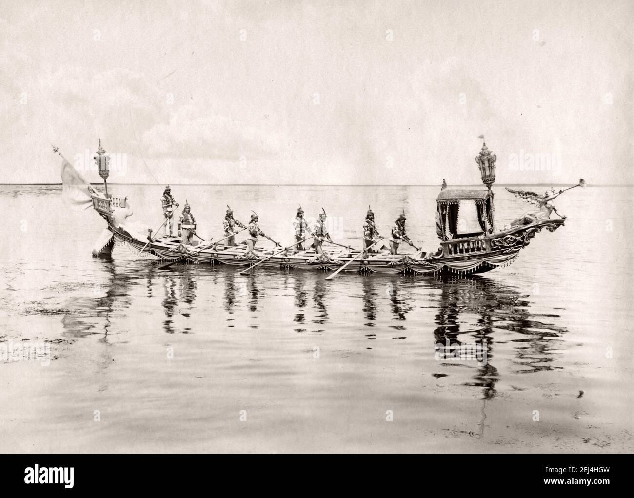 19th century vintage photograph, Boat and boatmen, vicinity of Venice, Italy Stock Photo