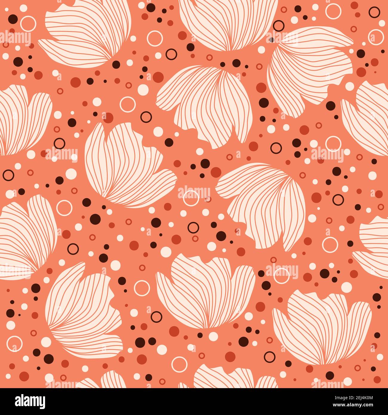 Floral pattern design with flower silhouettes, dots and small circles on a orange background Stock Vector