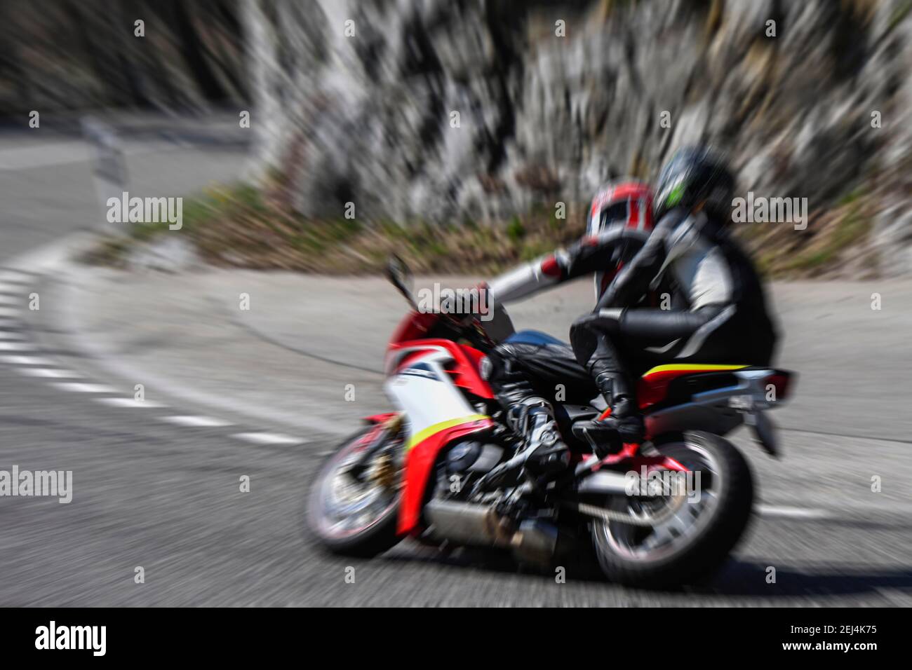 Wiping picture pass motorcyclist, Bruenig, Meiringen, Switzerland Stock Photo